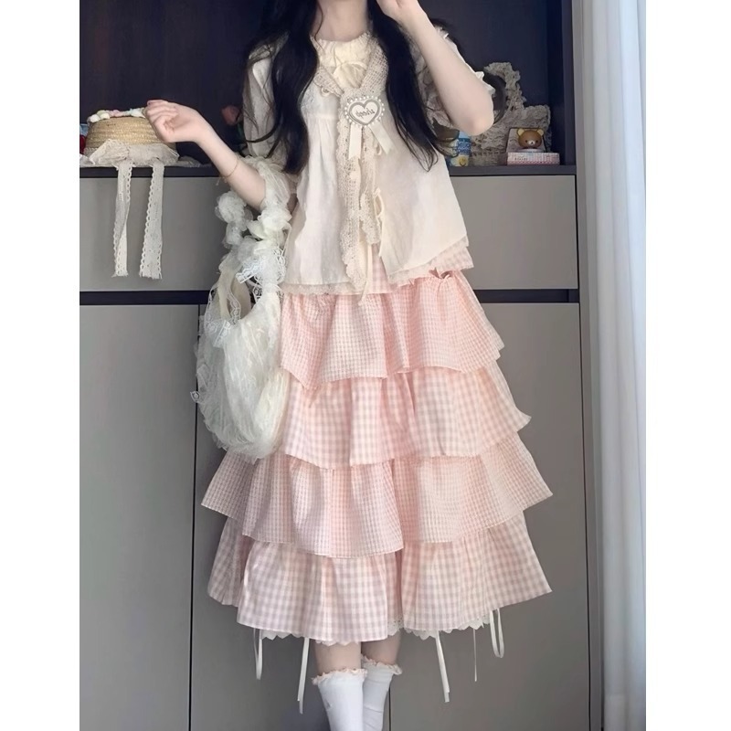 かわいい甘い女の子のドーパミン衣装セット女性の夏のカレッジスタイルのストラップシャツピンクチェック柄ケーキスカート 2 点セット|undefined