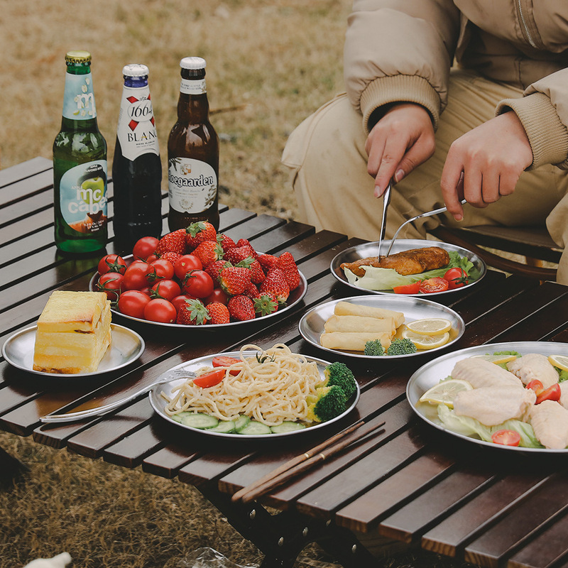 Outdoor Picnic Stainless Steel Dinner Plate Camping Tableware BBQ Heat Resistant Plate Five-piece Set Round Shallow Plate Portable Cookware