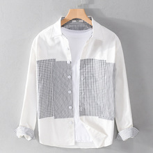 男士春季新款格子撞色拼接时尚长袖衬衫衬衣男潮流行青年上衣9442
