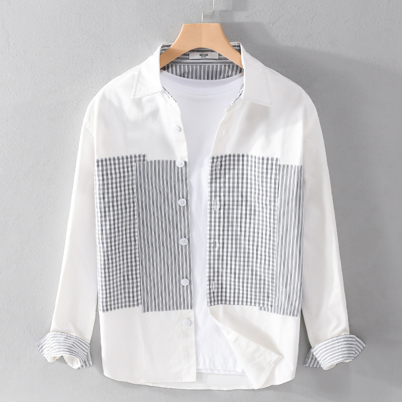 男士春季新款格子撞色拼接时尚长袖衬衫衬衣男潮流行青年上衣9442
