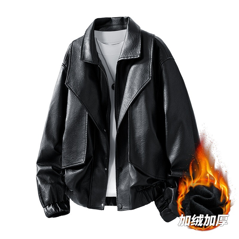 High-end new leather jacket for men, casual coat, Korean style, trendy, slim fit, stylish, for young men, autumn and winter, with fleece lining