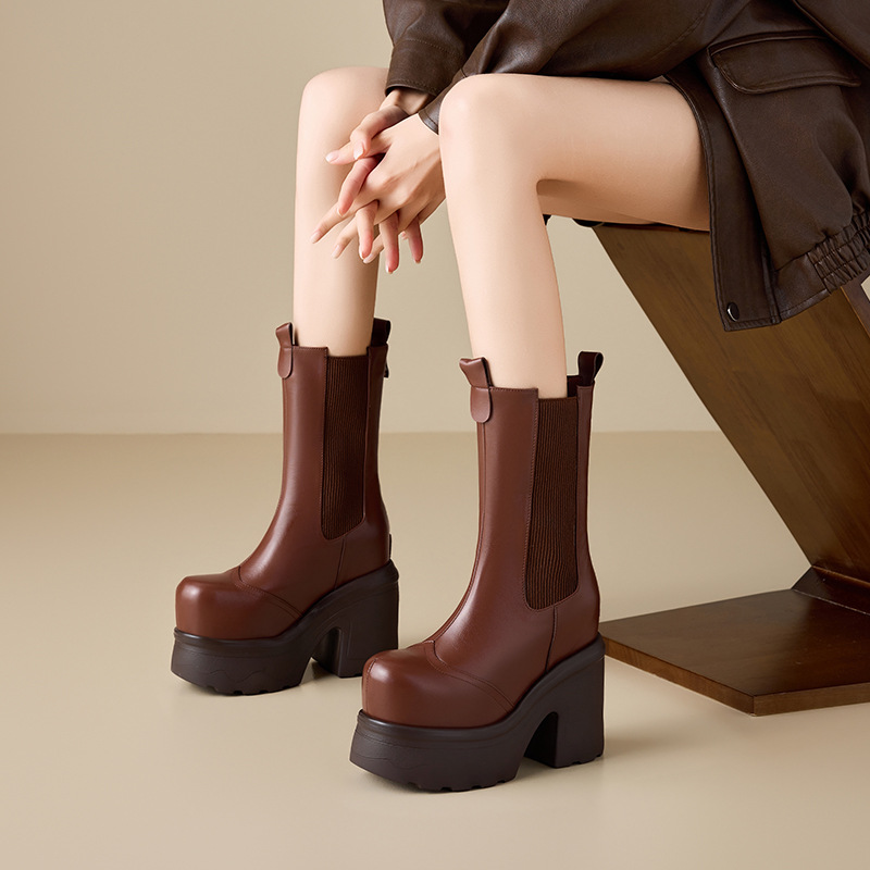 Boot nữ da thật cổ cao ôm bắp chân, đế dày tăng chiều cao, phong cách Anh Quốc — nhung nâu