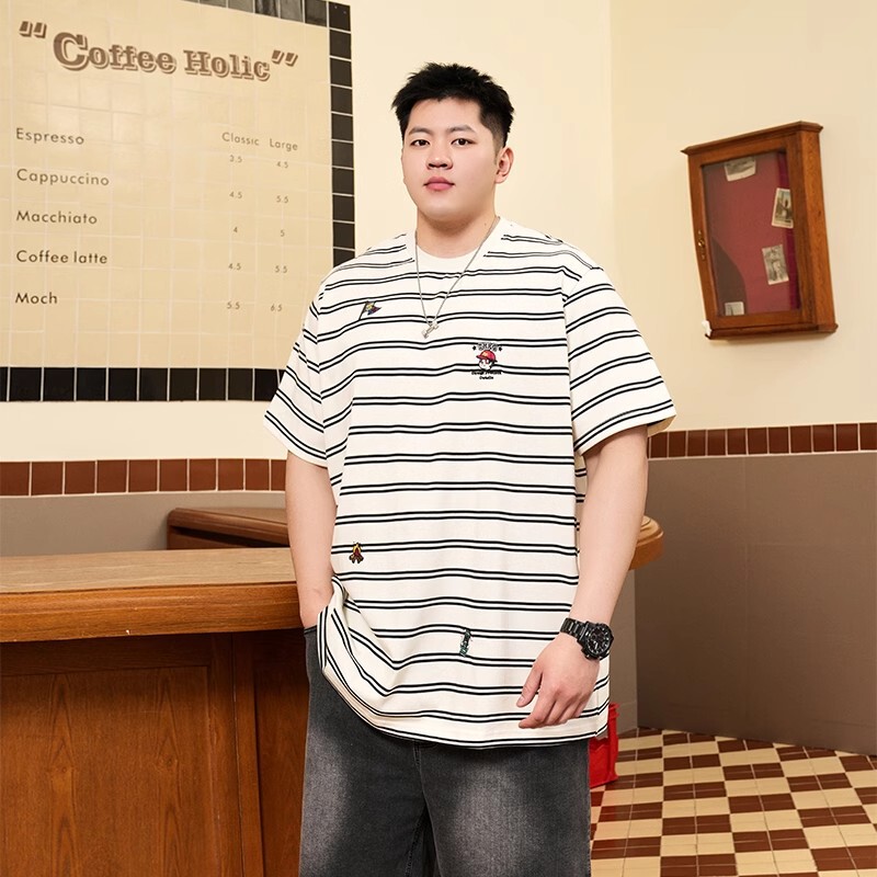 Striped Embroidered Men's Short-Sleeve T-Shirt Trendy Loose Casual Top for Men Summer Plus Size Oversized T-Shirt