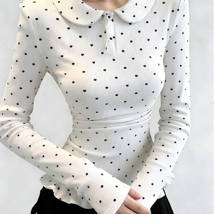 Korean-style white doll collar heart-patterned base shirt T-shirt for autumn and winter, with lace trim, slim fit, regular shoulder, slimming, double-sided fleece, long sleeve top Korean-style white doll collar heart-patterned base shirt T-shirt for autumn and winter, with lace trim, slim fit, regular shoulder, slimming, double-sided fleece, long sleeve top