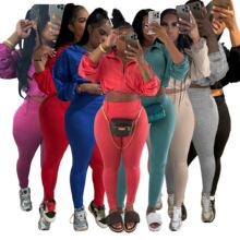 HR24059 欧美女装 跨境性感抽绳收腰露脐 高腰紧身长裤两件套套装