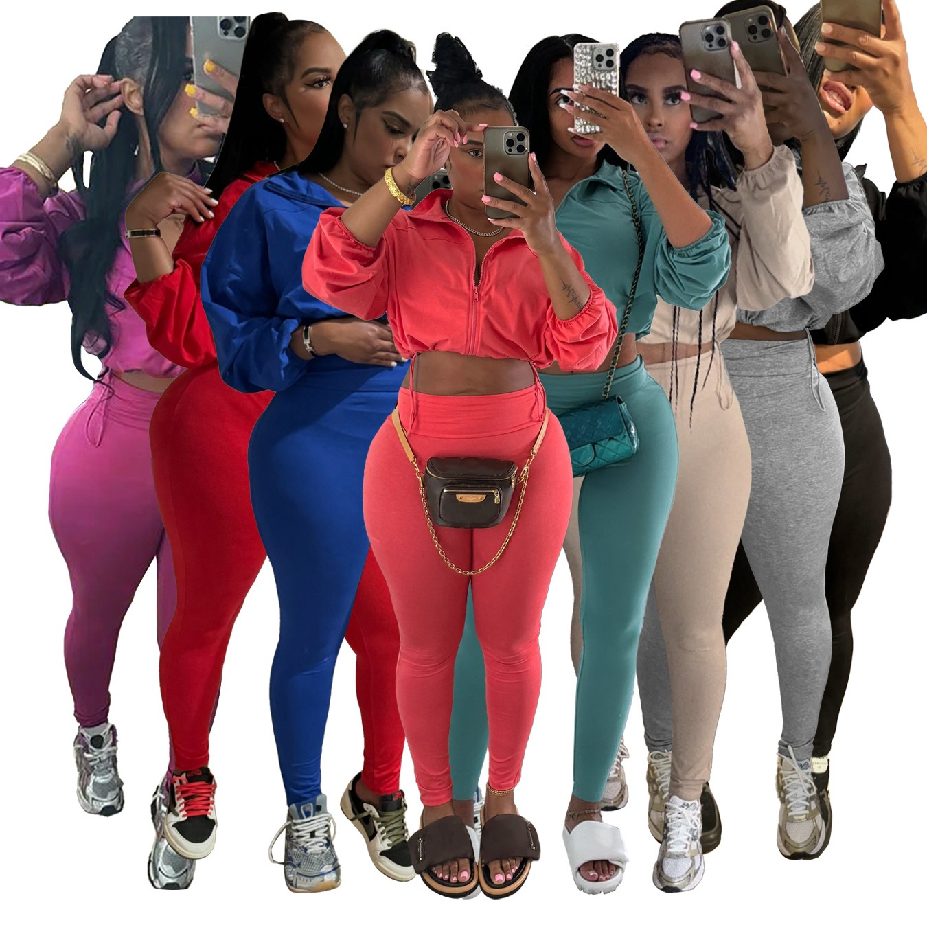 HR24059 欧美女装 跨境性感抽绳收腰露脐 高腰紧身长裤两件套套装