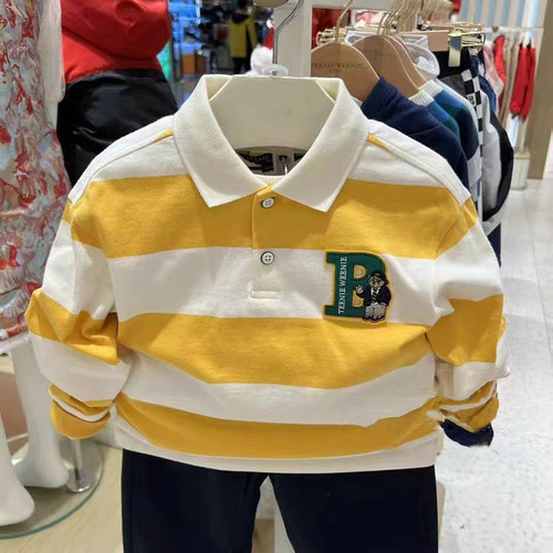 2024 New Spring Bear Kids' Clothing for Boys Loose Striped Long Sleeve POLO Shirt Casual Long Sleeve Top T-Shirt