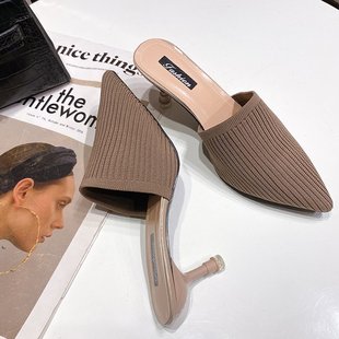 2024 Spring and Summer New Pointed Toe Slippers Women's Baotou Stiletto Heels Fashionable Fly Knitted Outerwear Sandals and Slippers Wholesale