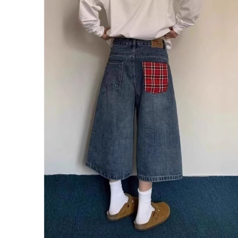 アメリカのレトロな格子はワイドレギンスのデニムのショートパンツをつなぎ合わせます。|undefined