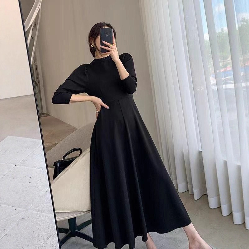 Black Long-Sleeved Dress Spring and Autumn Korean Style Waist Slimming Internet Celebrity Large Hem Skirt Solid Color Socialite Mid-Length Skirt