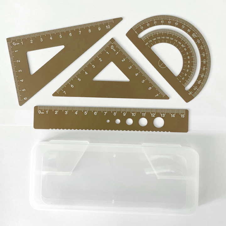 Juego de reglas metálicas, juego de cuatro reglas de aleación de aluminio, grabado láser, regla recta y regla triangular para estudiantes de primaria y secundaria, personalización de regalos