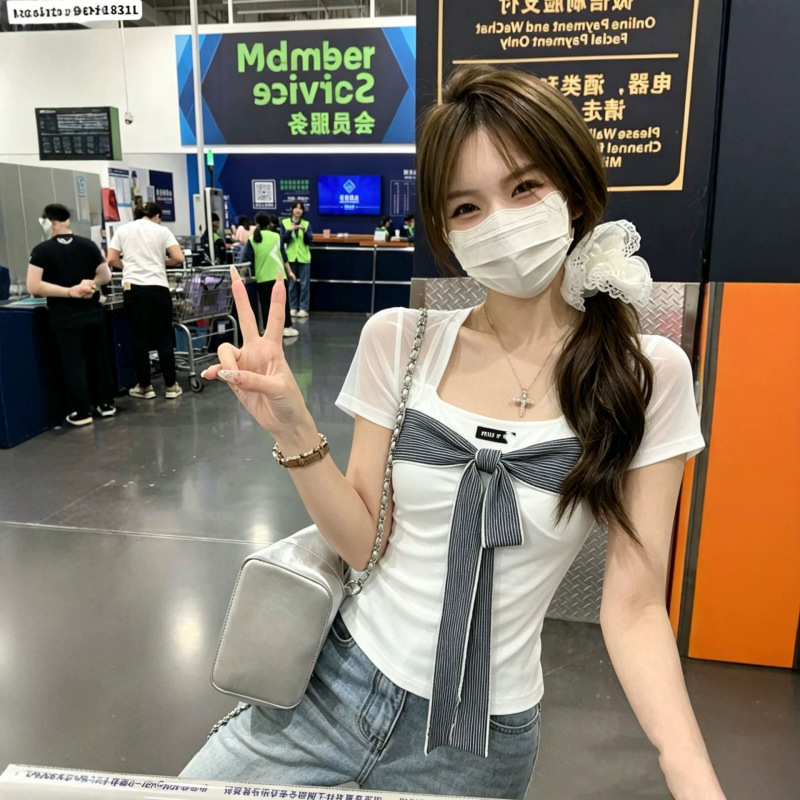 High-Quality Mu Brand Tie-Bow Decorative Short-Sleeve T-Shirt for Summer, Pure and Fashionable Versatile Style for Hot Girls High-Quality Mu Brand Tie-Bow Decorative Short-Sleeve T-Shirt for Summer, Pure and Fashionable Versatile Style for Hot Girls