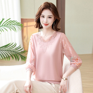 Young Mother's Spring Clothes Western Style Spring and Autumn Top Middle-aged and Elderly Women's Long-sleeved T-shirt Middle-aged Thin Western Style Small Shirt