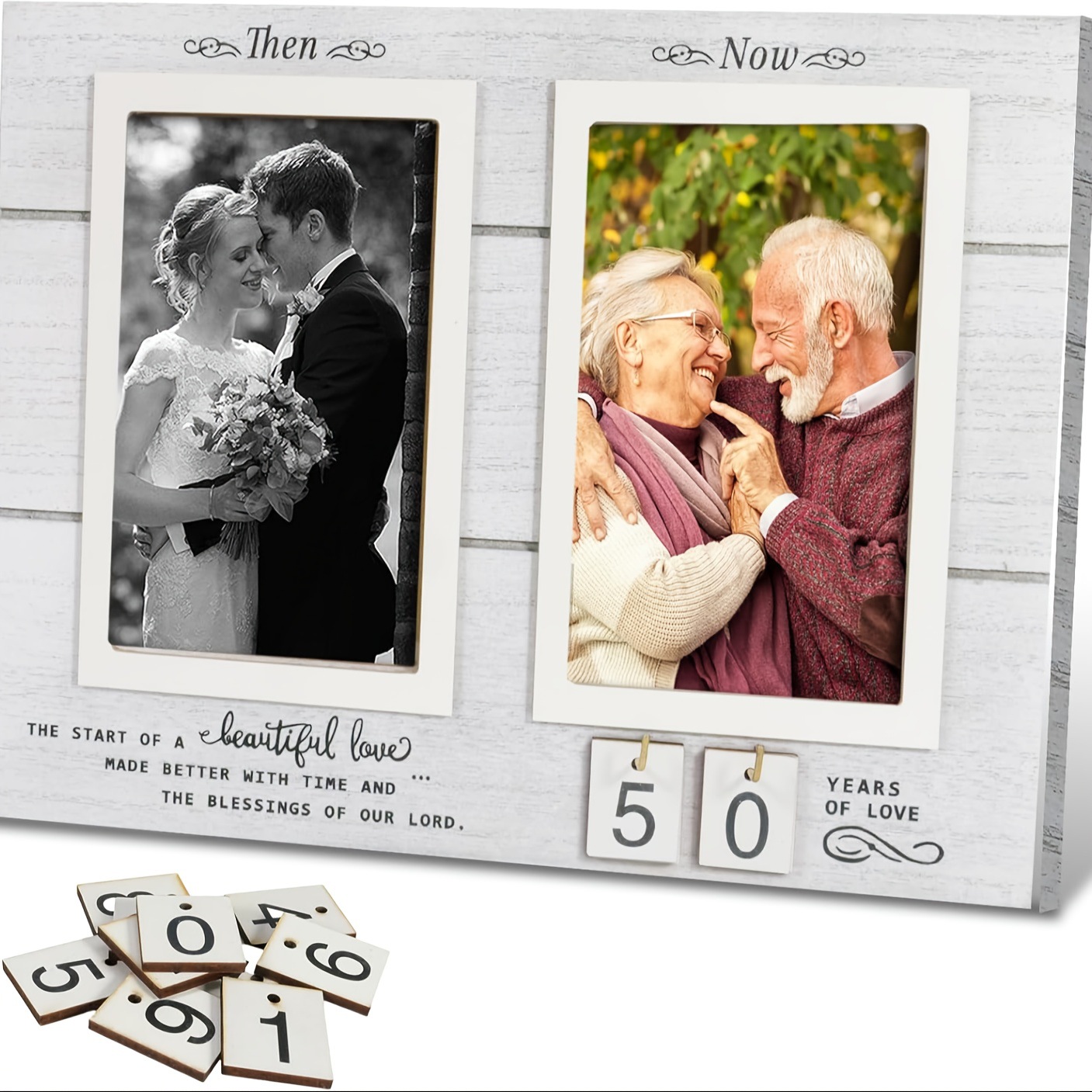 En stock Amazon creativo Aniversario de madera marco de fotos compromiso boda pareja con 4*6 pulgadas mesa de fotos