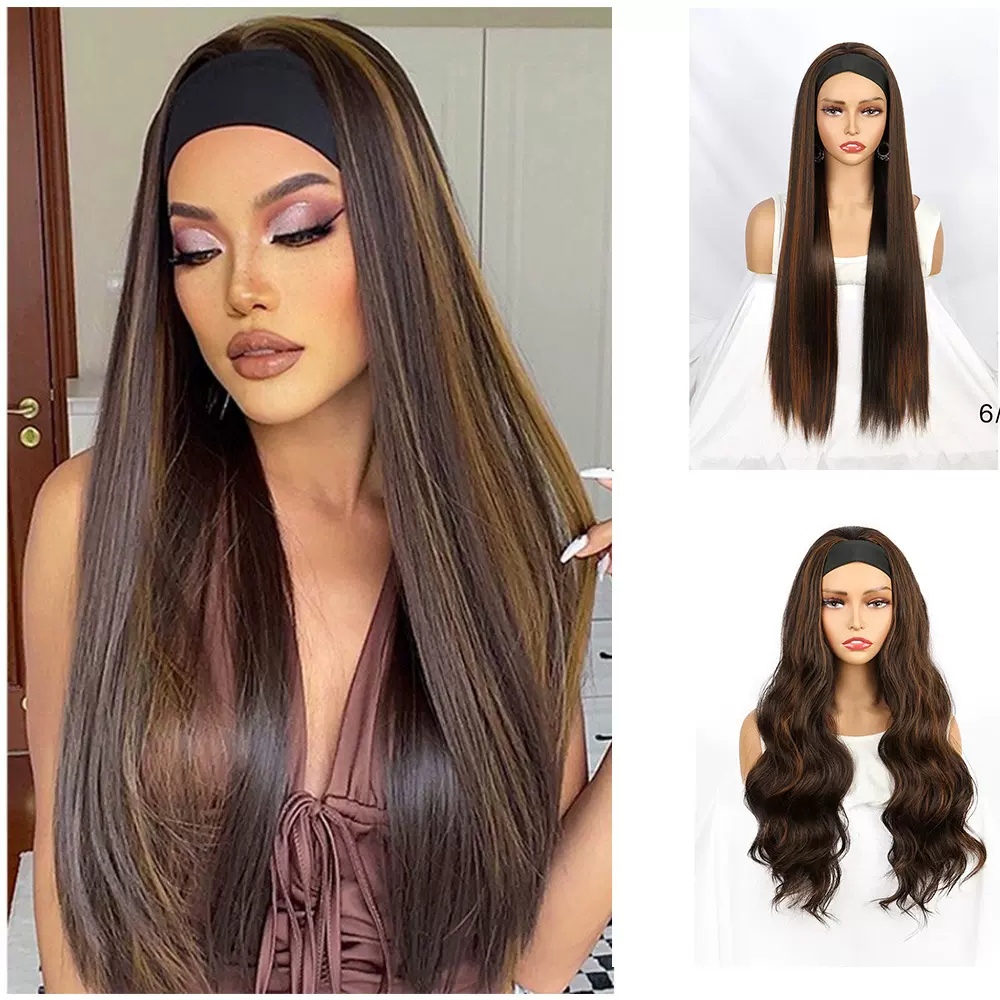 女士头巾假发黑色发带长直发卷发大波浪丝巾头套假发现货百搭款