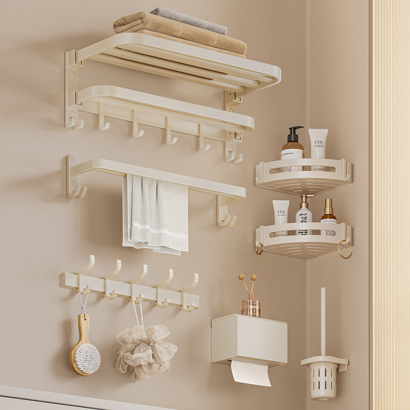 Cream style towel rack bathroom punch-free space aluminum bathroom storage rack bathroom wall hanging towel rack Cream style towel rack bathroom punch-free space aluminum bathroom storage rack bathroom wall hanging towel rack