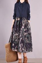 尾货出口原单剪标拼接假两件长袖棉麻连衣裙女系带印花中长裙