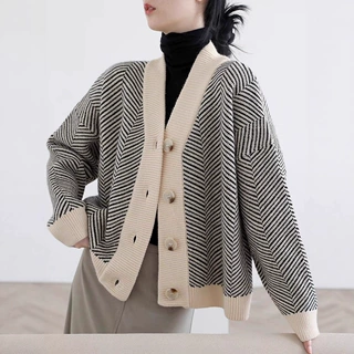 慵懒风宽松外穿针织开衫春秋季2025新款女装短款条纹女士毛衣外套