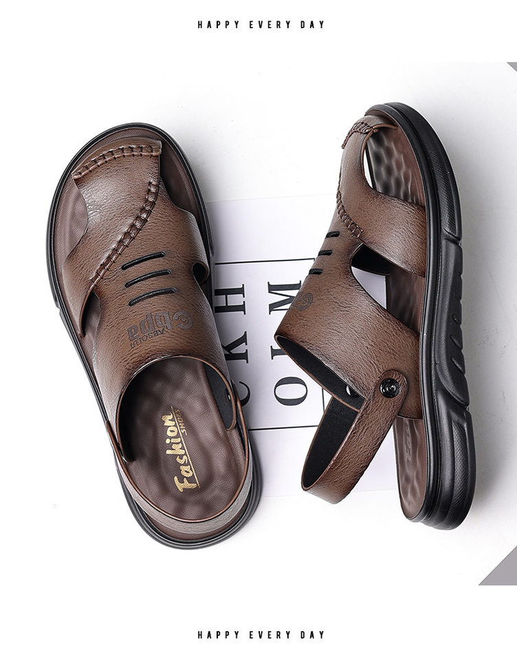 Dép sandal nam da bò thật mũi kín thoáng khí kiểu mới đi biển — Màu nâu 55530 chi tiết 16