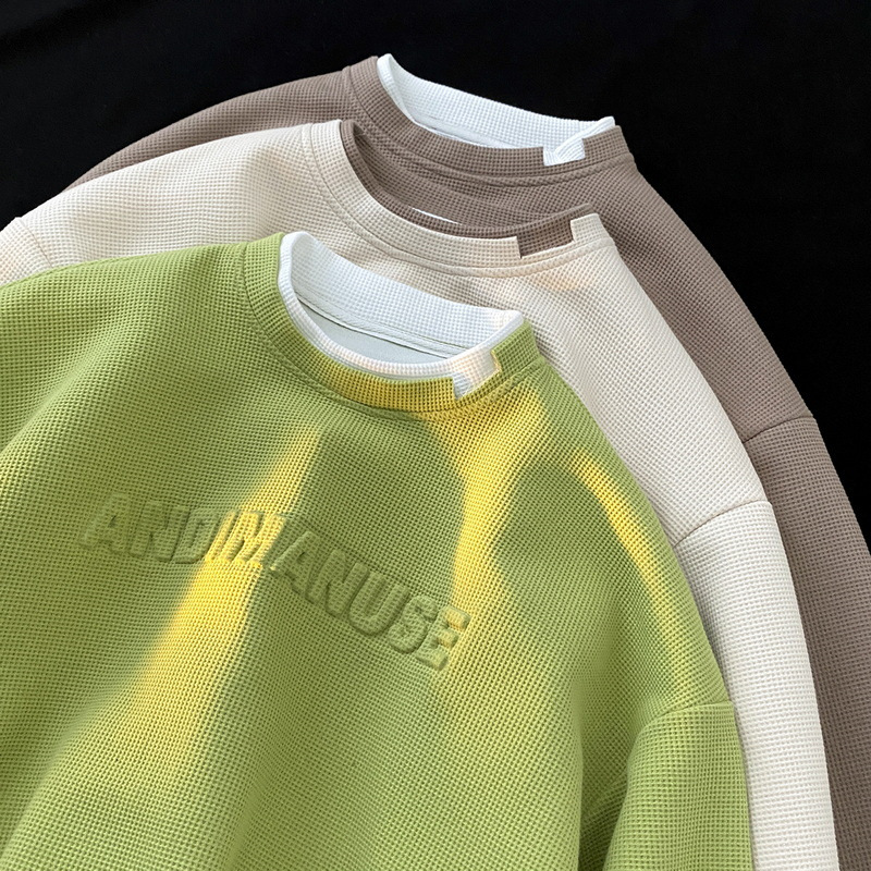 Felpa con cappuccio verde avocado da uomo alla moda, stile waffle, con cappuccio, girocollo, finto due pezzi, a maniche lunghe, oversize_voghion.com