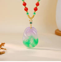 ASIXGOLD Natural ″Spring in Colors″ Jadeite Necklace Set – Hand-Carved Purple & Green Pendant with Multi-Layer Beads Gold-Tone Accents Chinese Style Lucky Jewelry