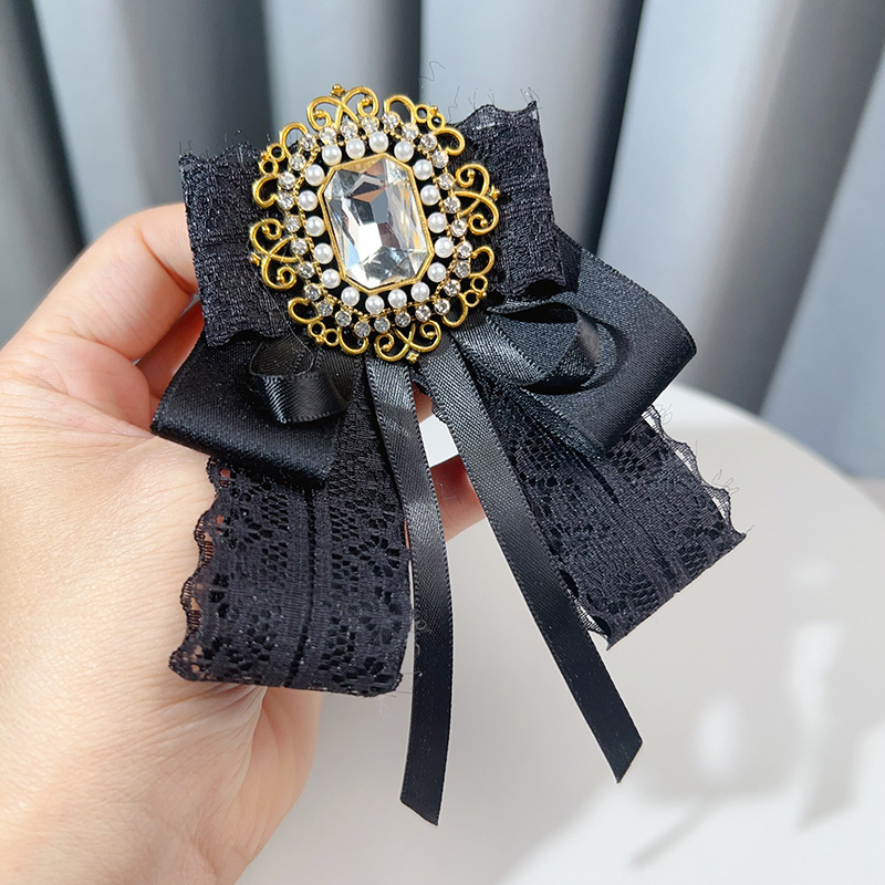 European and American Cross-Border Black Lace Bow British Retro Diamond Small Fragrance Brooch Jk Bow Tie Shirt Women's Accessories
