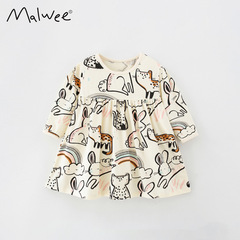 malwee girls skirt autumn new style European and American children's casual round neck long-sleeved children's dress