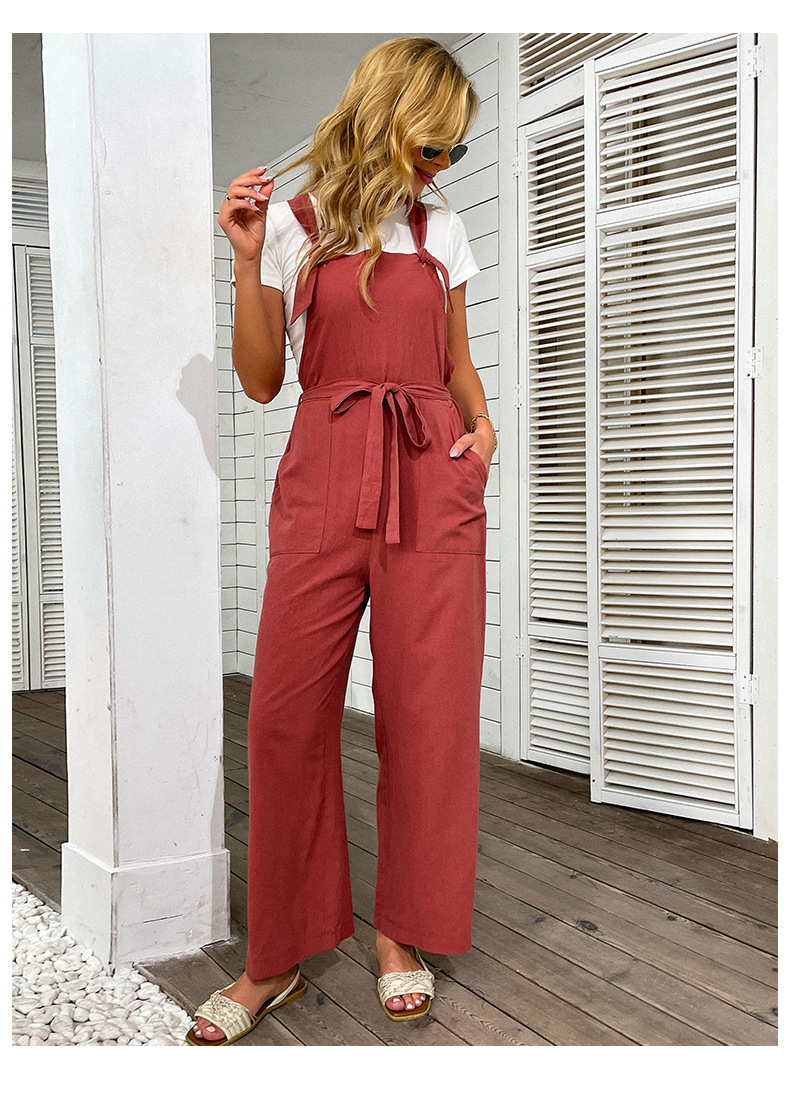 Red Retro Wide-leg High-waisted Slim Cotton and Linen Overalls_voghion.com
