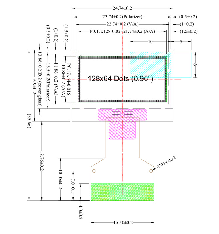 0.96短排线插接1315尺寸图