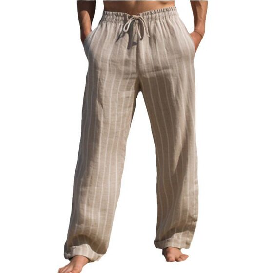 Autumn Men's Linen Trousers Summer Trousers Drawstring Elastic Waist Straight Barrel Stripe Comfortable Breathable Outdoor Daily