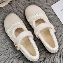 国风法式加绒保暖毛毛珍鞋2025小码新款玛丽配裙子平底加绒单鞋女