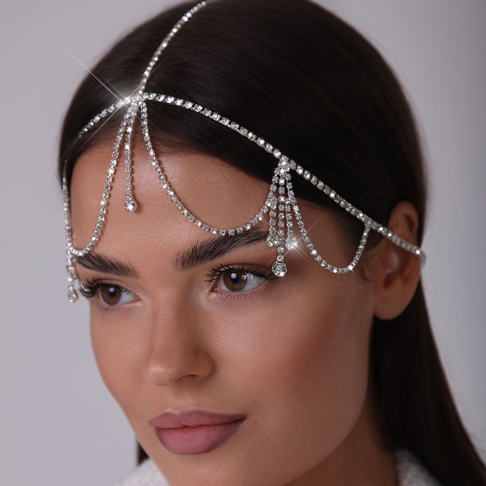 European and American hot fashion bridal wedding tassel forehead chain cross-border personalized rhinestone hair accessories hair chain hair chain
