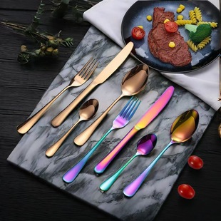 Amazon Hot Sale Stainless Steel Tableware Gold Plated Black Creative Steak Knife and Fork Spoon Titanium Plated Colorful Western Tableware suit