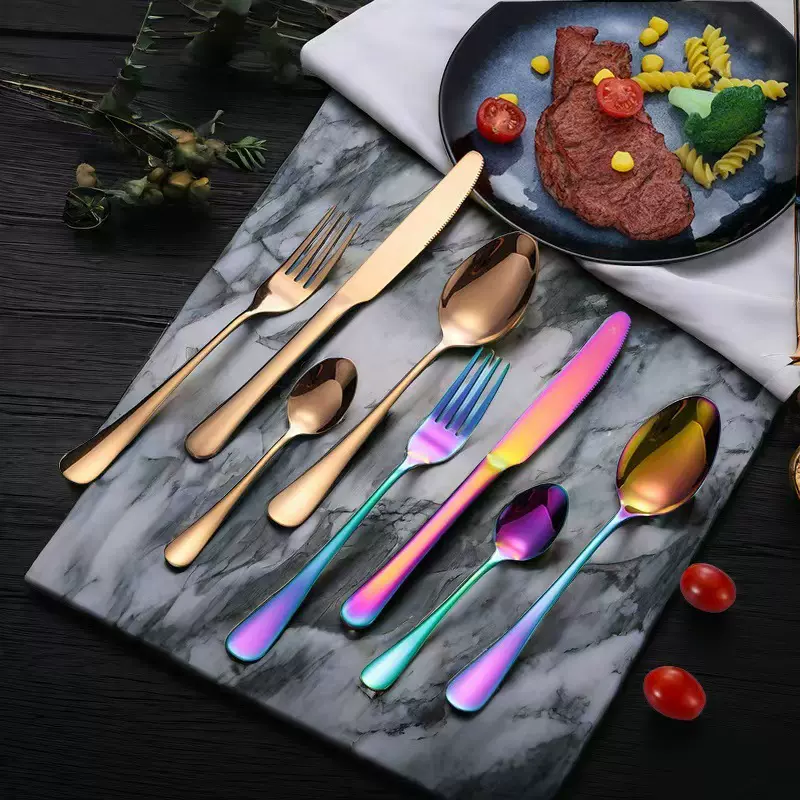亚马逊热卖不锈钢餐具镀金黑色创意牛排刀叉勺镀钛炫彩西餐具套装
