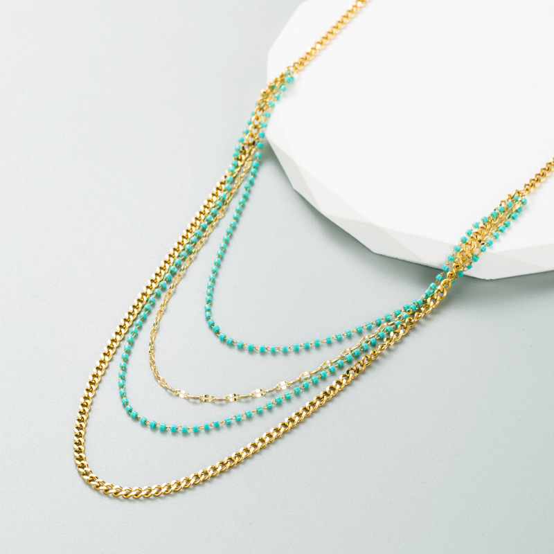 Retro Geometric Titanium Steel Gold Plated Beads Layered Necklaces 1 Set