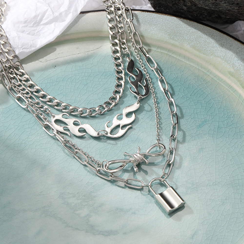 new key lock-shaped pendant clavicle chain creative simple multi-layer lock flame multi-layer thick necklace_voghion.com