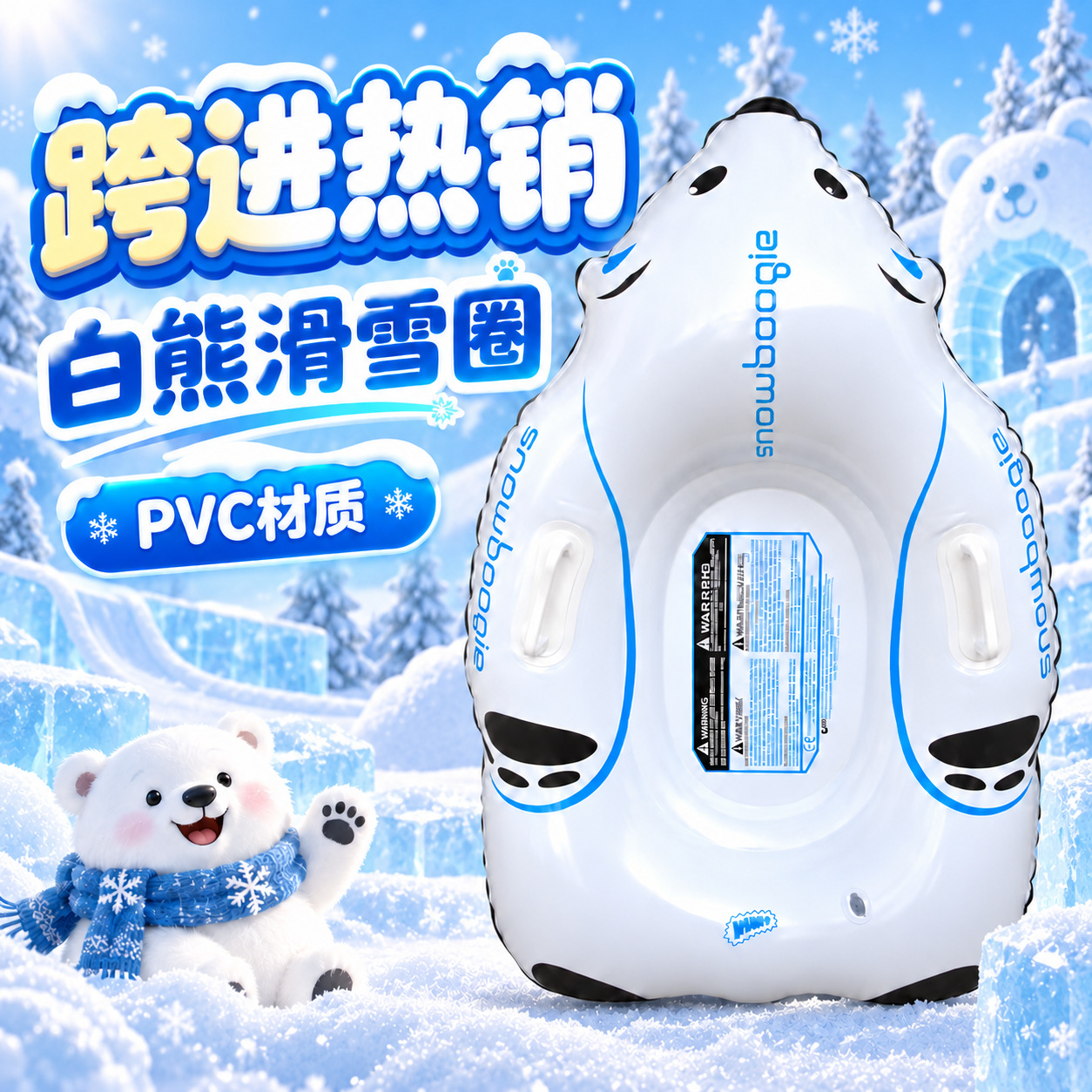 Cross-border best-selling PVC material white bear-shaped inflatable snow ring, easy to store and reusable