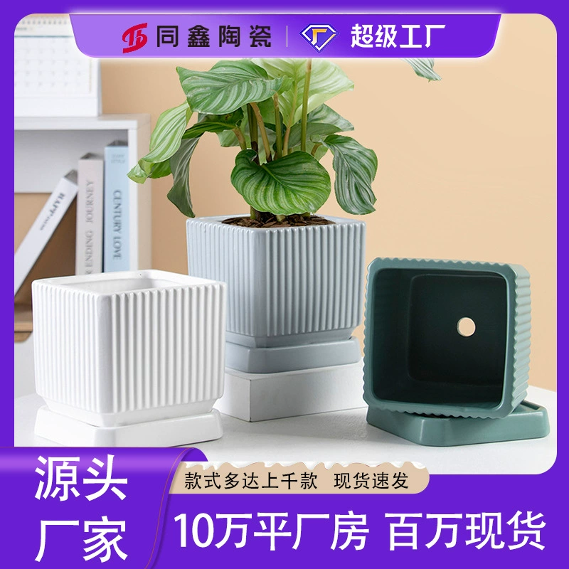 Простой квадратный горшок керамический цветочный горшок большой с подносом индивидуальный скандинавский стиль зеленая Орхидея мясистый цветочный горшок оптом