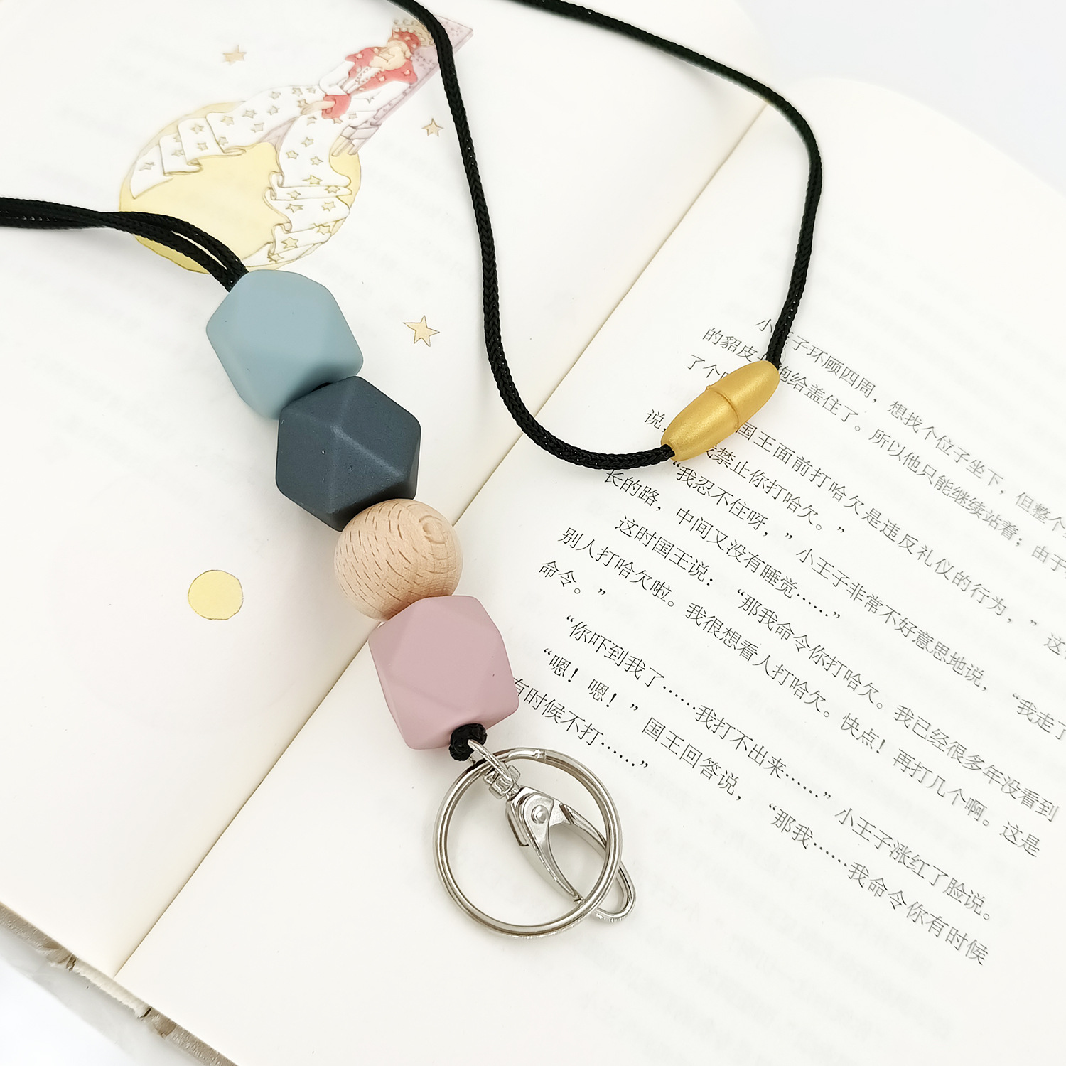 Amazon Hot Selling Spot Wooden Beads Badge Clip Key Easy Pull Buckle Work Card Long Sweater Lanyard Necklace