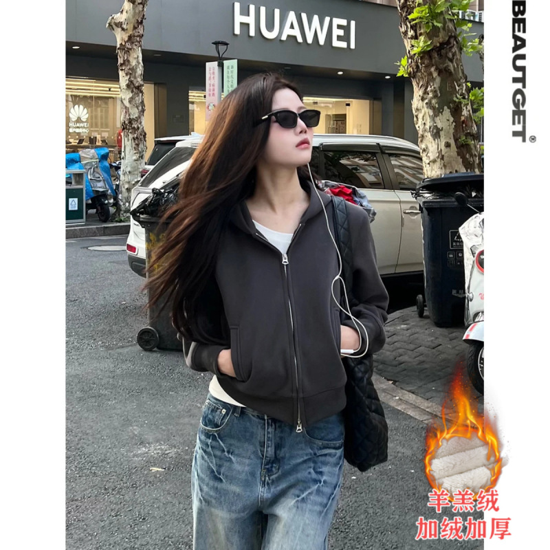 山东即墨嫚彩迪品牌美式街头短款双头拉链开衫连帽卫衣女潮流帽衫|undefined