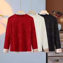 中老年白色长袖国风t恤女上衣春季新款圆领袖口刺绣百搭打底衫女