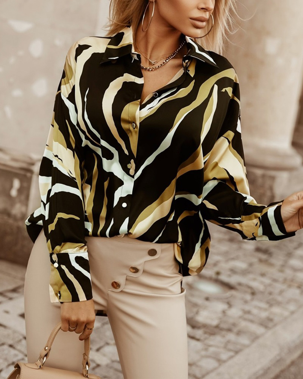 182g Weight Long Sleeve Sleeve Length Single Breasted Placket Type Regular Sleeve Sleeve Type Polyester Fabric Type Long Top Length Blouse Tops Type Holiday Occasion Shirt Collar Neckline Loose Fit Type Abstract Pattern Summer Season Women's Gender Vacation, Simple Style Style Wholesale Women's Vacation Simple Style Abstract Long Sleeve Blouses 6