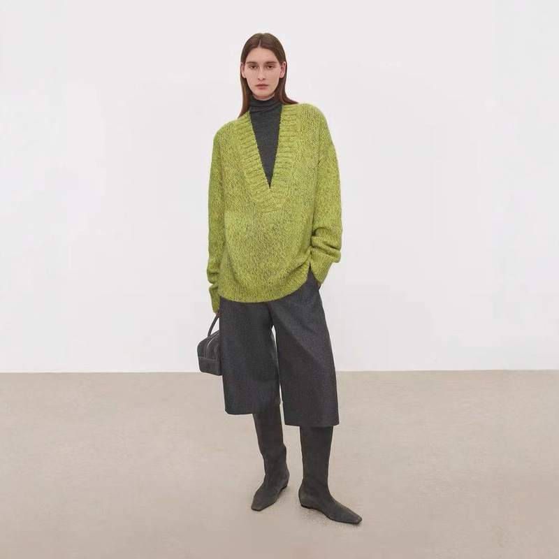 Joc Centennial Alpaca Marble Pattern Intertwined Yarn Vintage Chunky Knit V-Neck Sweater European Style V-Neck Women's Autumn Layering Piece