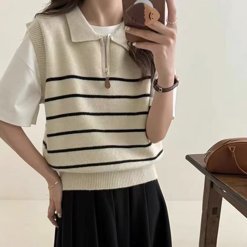 韩系复古翻领拉链条纹针织背心女外贸秋冬无袖外穿坎肩上衣女|undefined