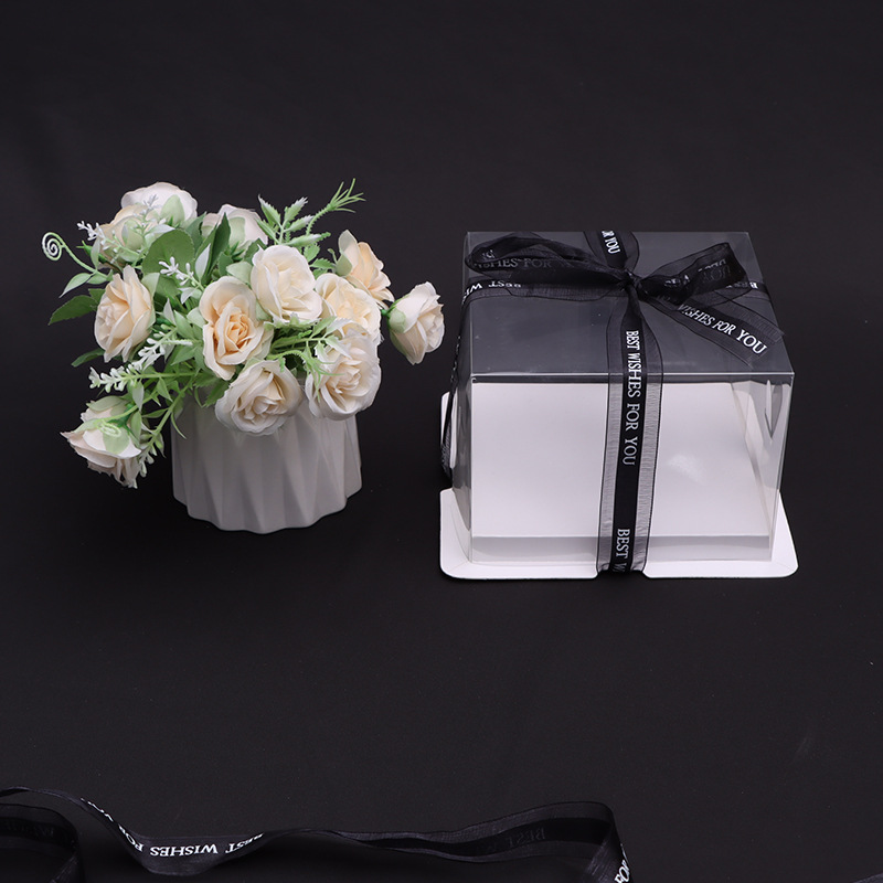 透明生日烘焙包装蛋糕盒批发 透明顶三合一6/8/10/12加高烫印logo