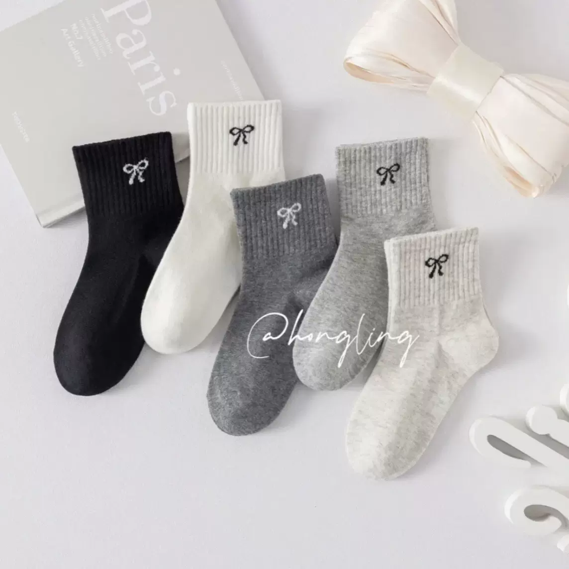儿童袜子秋冬新款中筒袜简约纯色蝴蝶结潮流女孩子学生袜中筒袜子
