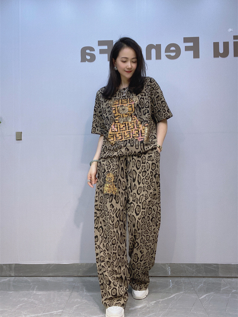 Conjunto Casual de Pantalón con Estampado Set de 2 Piezas para Mujer de Algodón con Pedrería