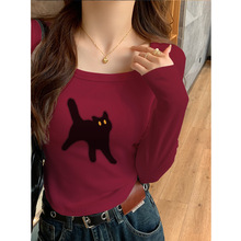 欧货高级感chic正肩长袖t恤女春秋设计感方领修身显瘦打底衫上衣