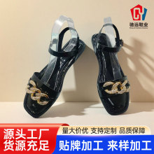 欧美新款金属链条平底露趾一字扣仙女风凉鞋外贸女大码40码女鞋