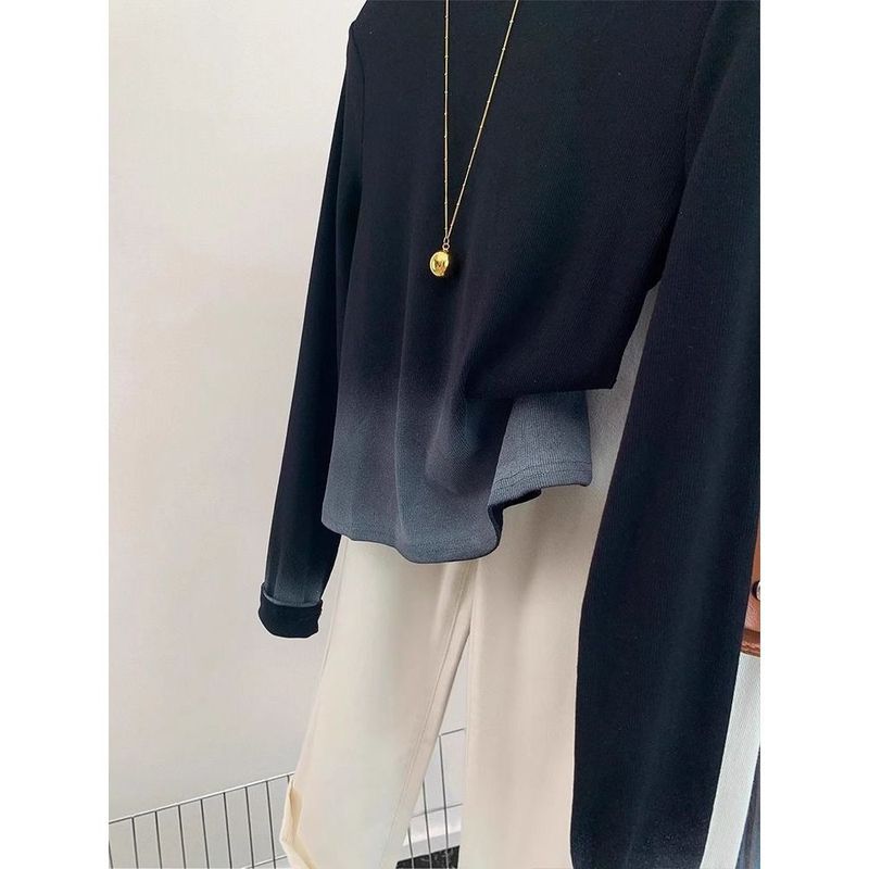 広州十三行女装黒グラデーション正肩長袖tシャツ女性秋デザイン感小衆痩せ独特上着|undefined
